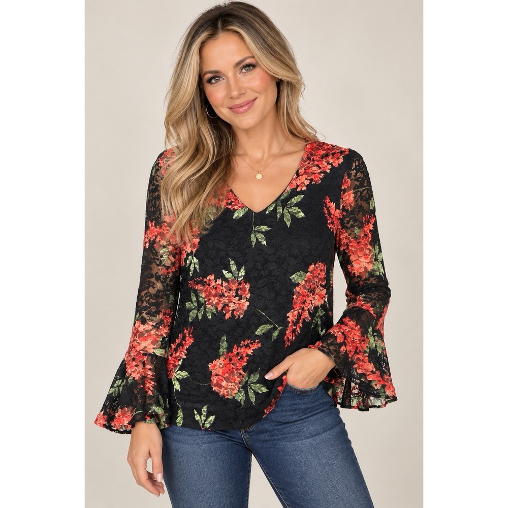 Susan Graver Top Womens Black Floral Lace Overlay Bell Sleeve 90s Style Small